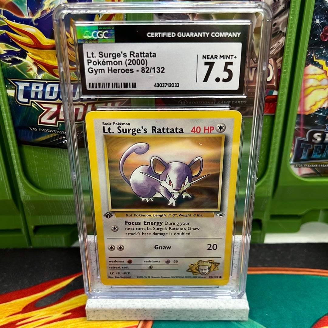 CGC 7.5 Lt. Surge's Rattata 82/132 Gym Heroes 1st Ed.